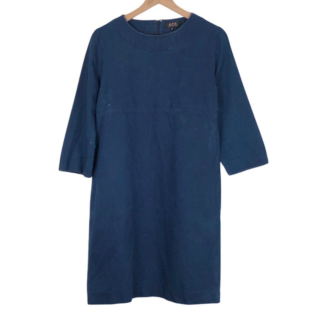 APC Rue Madame‎ Paris Indigo Denim Shift Dress Sz 42 XL Blue 3/4 Sleeve Pockets